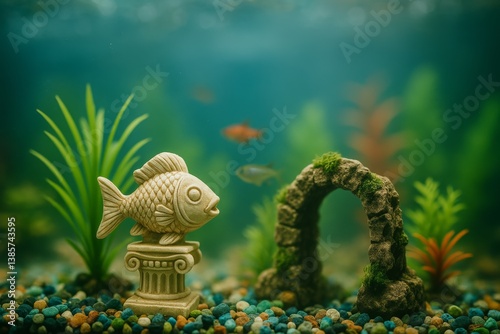 Colorful Fish and Plants in a Tranquil Aquarium Setting With a Stone Arch