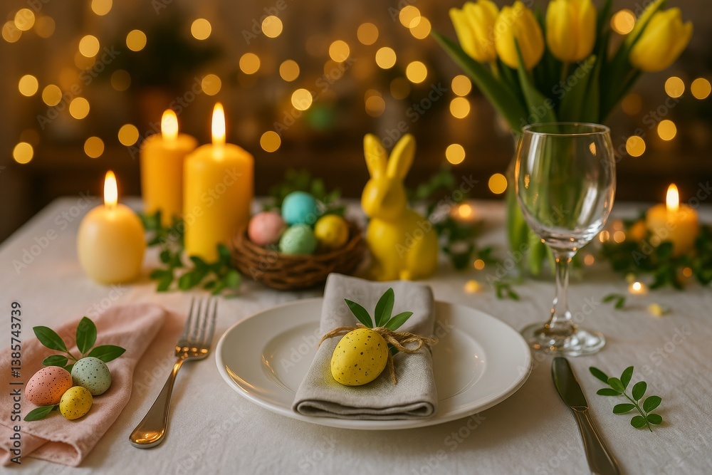 Elegant Easter Dinner Setting With Decorations and Spring Ambiance in Warm Lighting Elegant Easter Dinner Setting With Decorations and Spring Ambiance in Warm Lighting