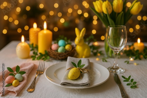 Elegant Easter Dinner Setting With Decorations and Spring Ambiance in Warm Li...