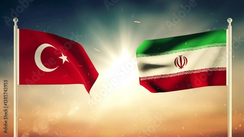 Turkey And Iranian Flags Waving Against Each Other.
Diplomatic concept. Flag Waving. Seamless, Sunset. 3D Dark Video with Textured Detail, 4K Animation.