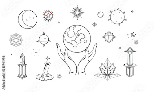 mystical illustration featuring celestial bodies, hands holding globe, and various geometric shapes, evoking sense of wonder and connection to universe