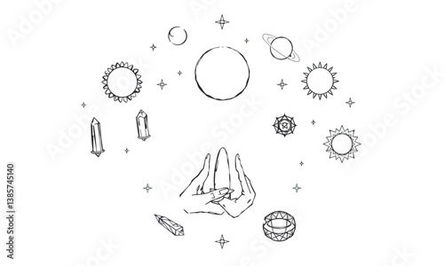mystical illustration featuring hands in gesture of magic surrounded by celestial elements like sun, moon, and various crystals, evoking sense of enchantment and spirituality