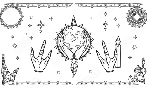mystical illustration featuring hands, celestial bodies, and geometric shapes surrounding globe, evoking themes of witchcraft and magic. intricate design captures sense of wonder and enchantment
