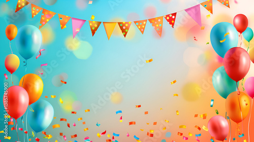 Vibrant Party Background: Colorful Balloons, Confetti, and Festive Bunting for Celebration Designs