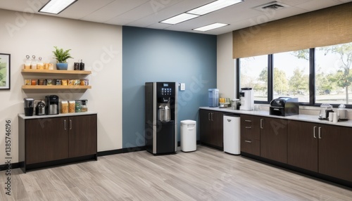 Serene Modern Office Break Room with Natural Light and Refreshment Amenities