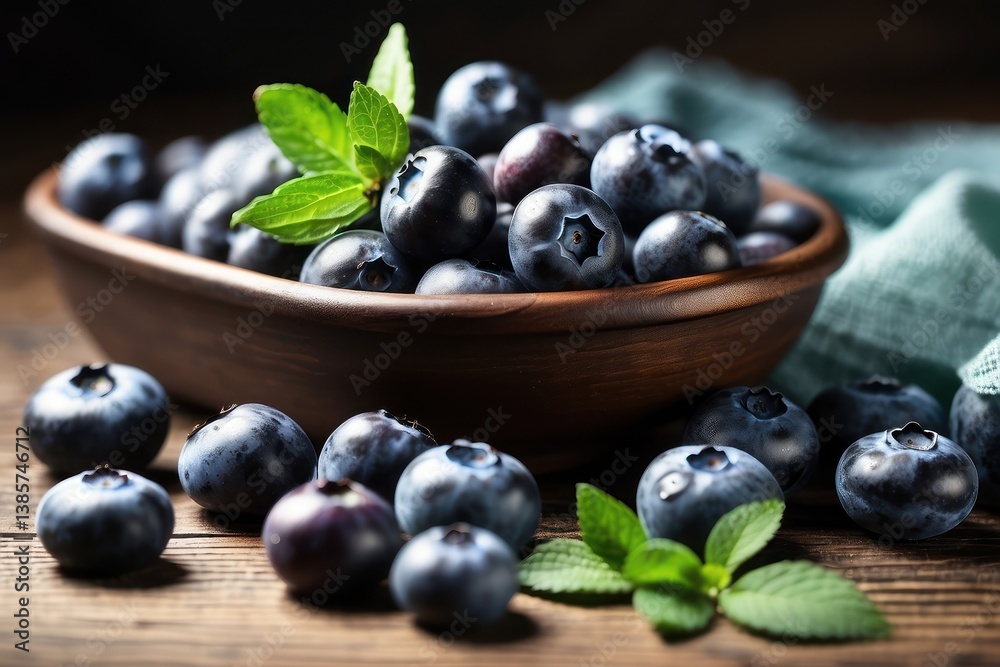 A high-quality mockup featuring fresh blueberries arranged on a rustic wooden table A high-quality mockup featuring fresh blueberries arranged on a rustic wooden table