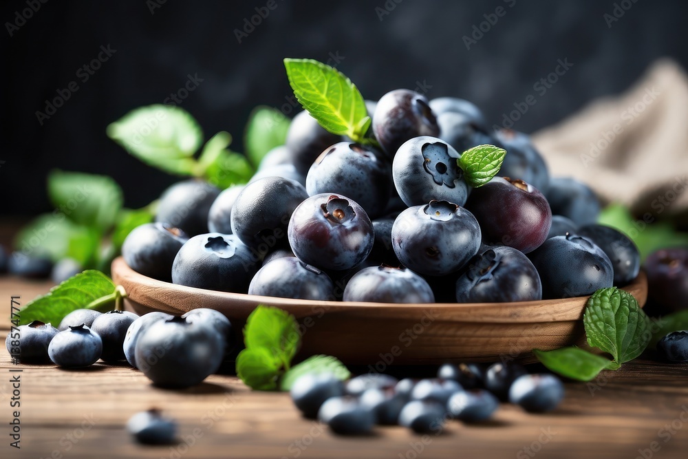 A high-quality mockup featuring fresh blueberries arranged on a rustic wooden table A high-quality mockup featuring fresh blueberries arranged on a rustic wooden table