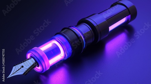 A modern fountain pen glowing in vibrant purple hues.