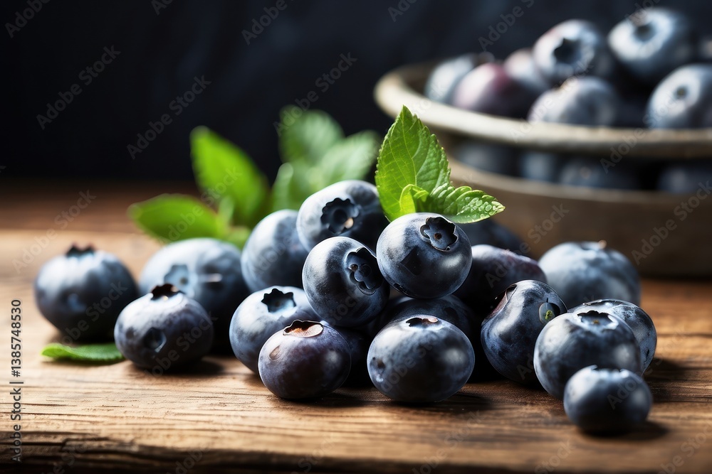A high-quality mockup featuring fresh blueberries arranged on a rustic wooden table A high-quality mockup featuring fresh blueberries arranged on a rustic wooden table