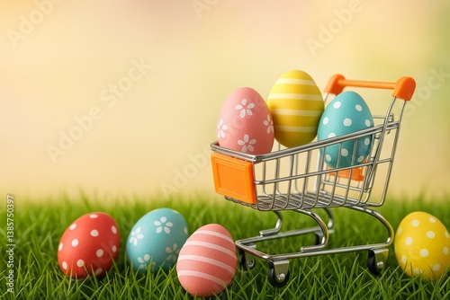 Colorful Easter Eggs in a Shopping Cart on Green Grass During Spring Season