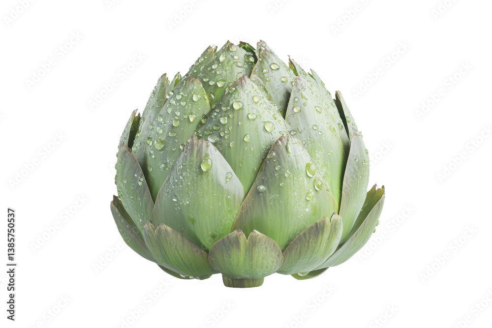 Fototapeta premium Green artichoke with water droplets and detailed texture, isolated, no background