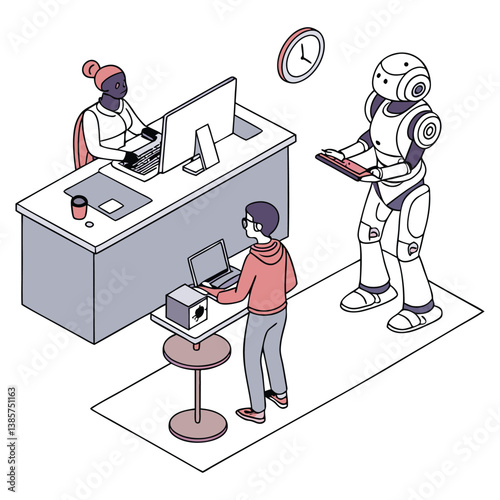 Futuristic Office with AI Robot and Humans Working Together – Modern Workplace Concept