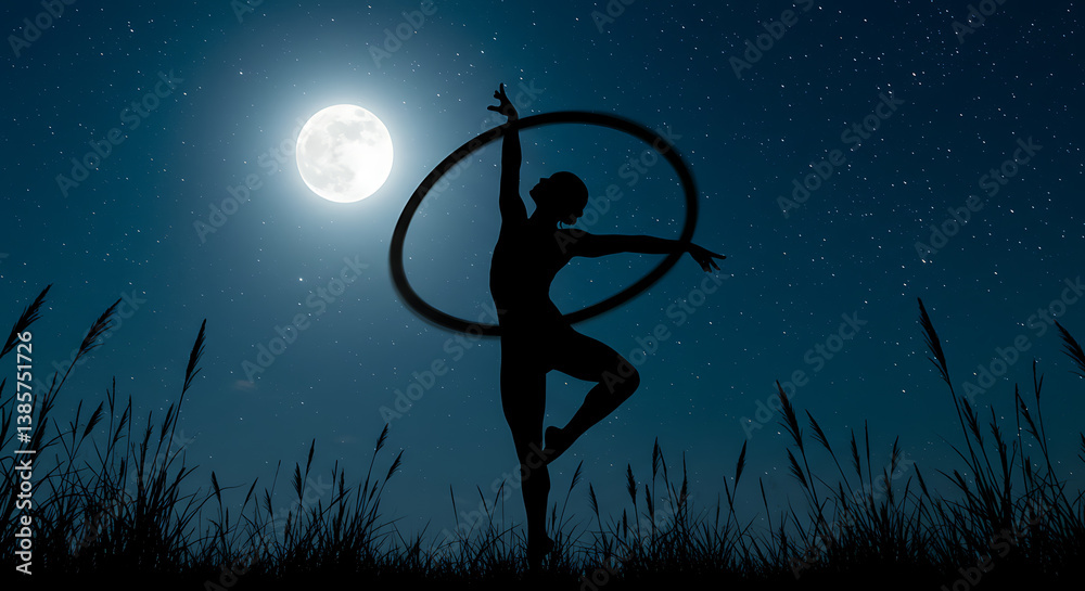 Naklejka premium Dancing Silhouette under Moonlight: A graceful silhouette of a person hula hooping under the enchanting glow of a full moon, set against a starlit night.