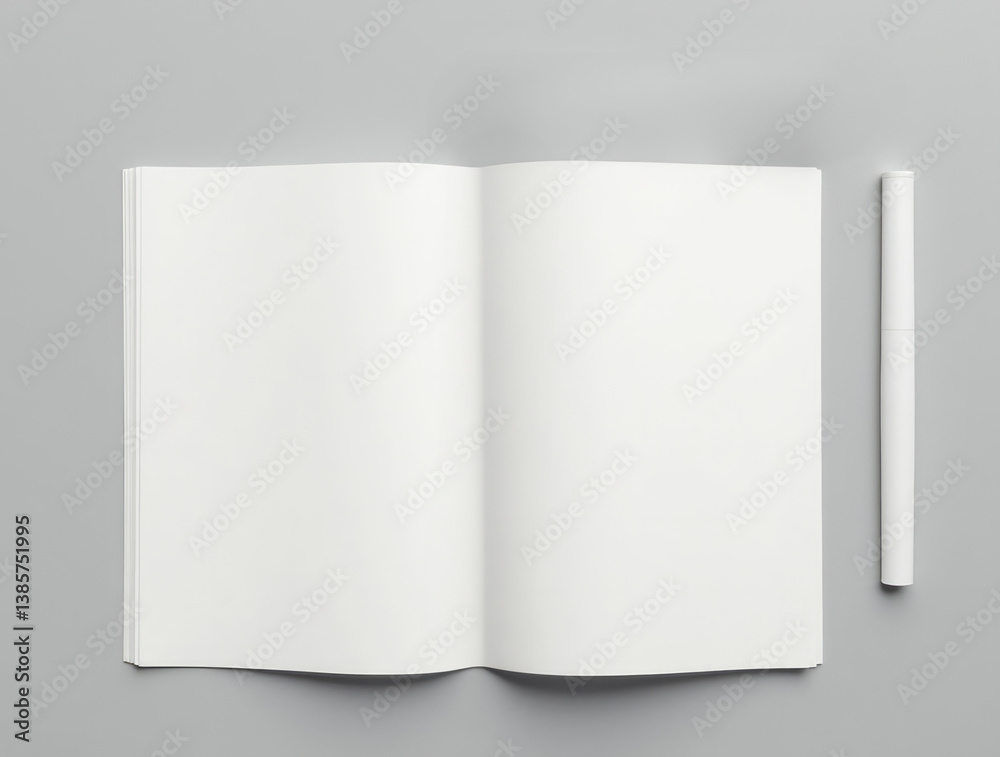 Minimalistic Flat-Lay Composition Featuring an Open Blank Notebook and a Closed White Booklet Minimalistic Flat-Lay Composition Featuring an Open Blank Notebook and a Closed White Booklet