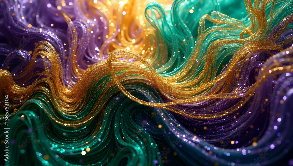 Obraz premium Dazzling Abstract, A Captivating Swirl of Gold, Teal, and Purple Glittering Strands Creating an Exquisite Visual Symphony of Color and Light