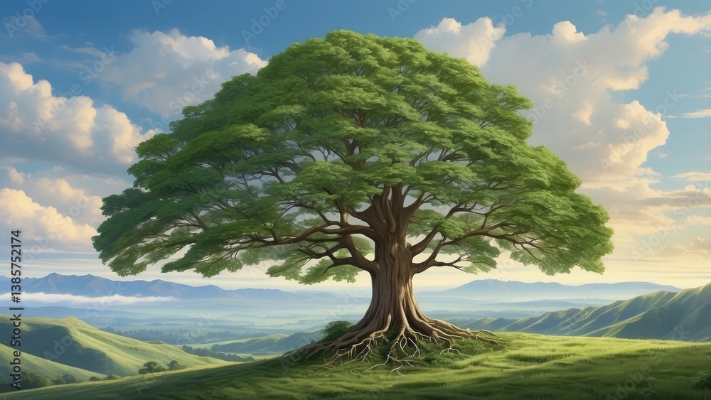 Naklejka premium A majestic tree stands prominently with an expansive green canopy.