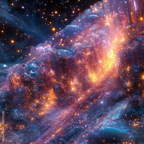 Abstract Cosmic Landscape with Glowing Crystals and Nebula Elements