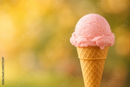 Enjoying Pink Ice Cream Cone on a Sunny Day in a Park Setting