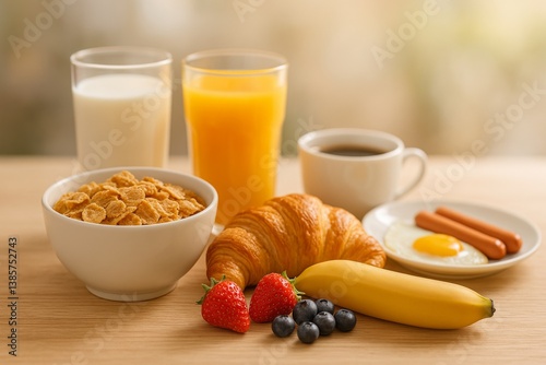 Morning Breakfast Spread Featuring Toast, Eggs, Fruits, and Beverages in a Co...