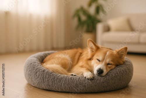 Relaxing Corgi Sleeping Peacefully on Cozy Bed in Bright Living Room