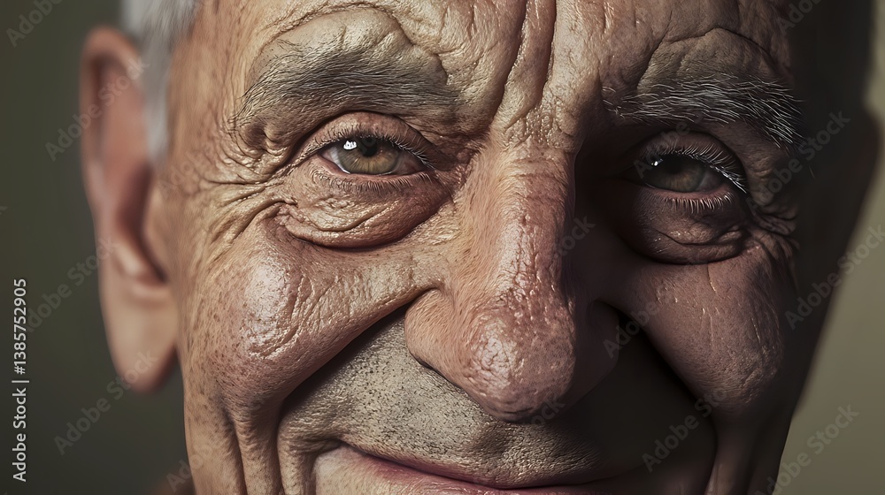 A highly detailed and realistic portrait of an elderly man with deep wrinkles, kind yet wise eyes, and a gentle smile, his face illuminated by soft natural light, revealing years of experience A highly detailed and realistic portrait of an elderly man with deep wrinkles, kind yet wise eyes, and a gentle smile, his face illuminated by soft natural light, revealing years of experience