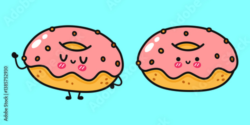 Two cute cartoon donuts with pink frosting on a light blue background, both smiling with joy.
