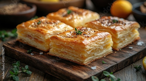 Delicious Pastries: Golden-brown pastries arranged on a rustic wooden board, each adorned with delicate toppings and herbs, evoking the aroma of a gourmet meal.