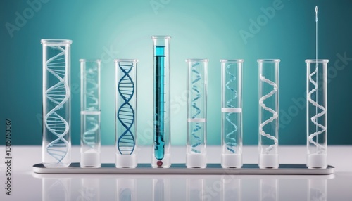 Genetic Research: DNA Strands and Liquid Samples in Laboratory Glassware