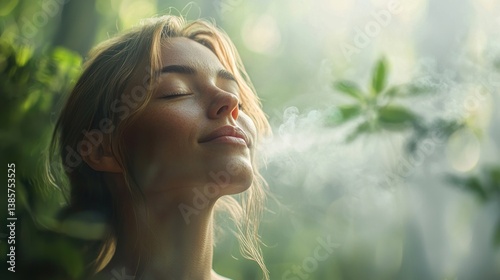Serene Woman Inhaling Fresh Air Amidst Lush Greenery