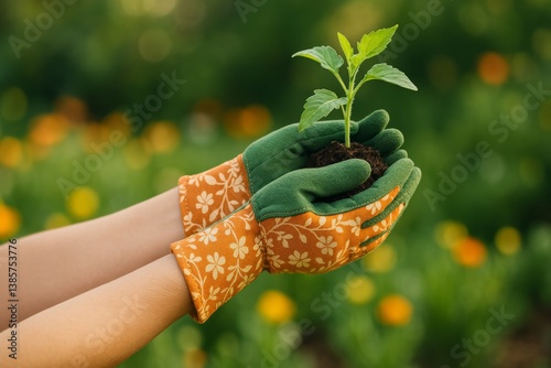 Gardening Hands Hold a Young Plant in a Vibrant Flower Garden During a Sunny Day