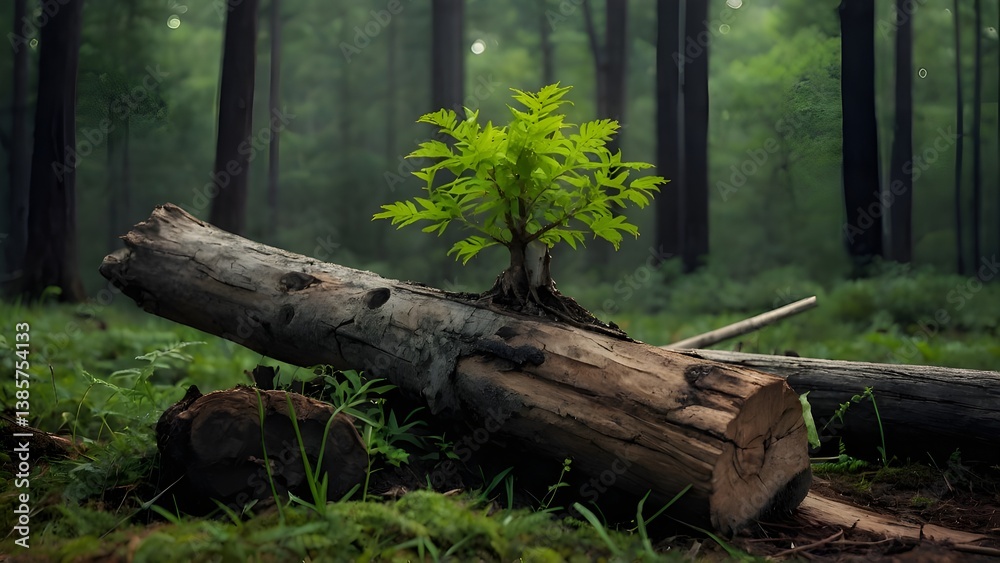 Fototapeta premium A new green leaf is born on an old tree. Concept of hope for a new life in the natural environment in the future. renewal with business development and eco-symbolic concepts environmental protection.