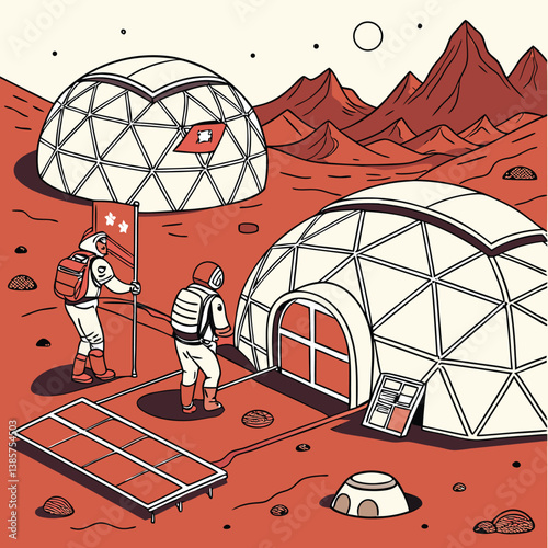 Mars Colony Concept – Astronauts with Geodesic Domes and Solar Panels on the Red Planet