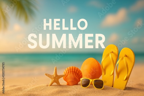 Bright Summer Decoration With Fruit, Beach Items, and a Cheerful Greeting in a Tropical Setting