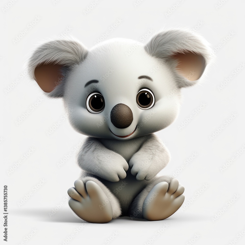 Fototapeta premium A fawn baby koala bear with a happy smile sits on a white background