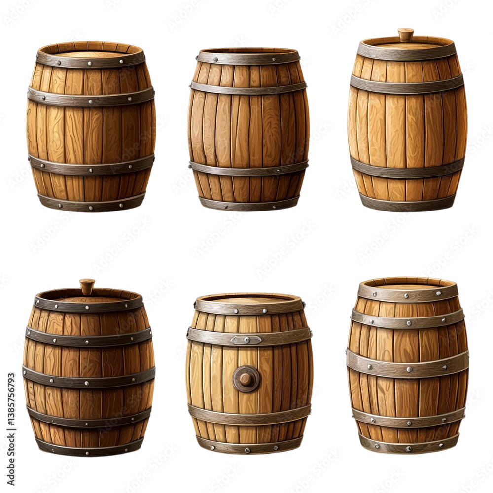 Obraz premium Wooden barrels collection rustic design various views