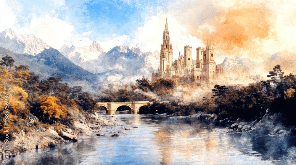 Fototapeta premium Enchanting castle in forest by river with detailed sepia oil painting aesthetic chaos under soft lighting