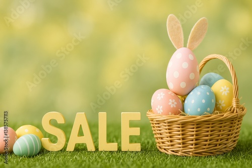 Colorful Easter Eggs in a Basket With Sale Sign and Pastel Background in Spri...