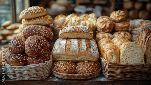 Artisan Bread Display: A mouthwatering assortment of freshly baked artisan bread, featuring various shapes, textures, and flavors, is artfully arranged on a wooden surface.