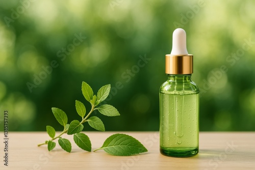 Green Glass Dropper Bottle With Essential Oil and Mint Leaves on Wooden Surfa...