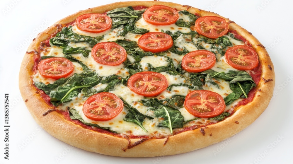 A freshly made vegetable pizza with tomatoes, spinach, and mozzarella. Featuring comfort food and healthy ingredients A freshly made vegetable pizza with tomatoes, spinach, and mozzarella. Featuring comfort food and healthy ingredients