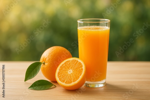 Freshly Squeezed Orange Juice Served in a Clear Glass With Oranges on a Woode...