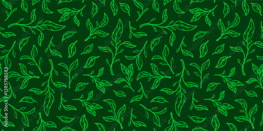 Fototapeta premium tea leaves pattern background. green leaves vector pattern background. Green tea leaf seamless pattern. seamless patterns with green leaves of tea.