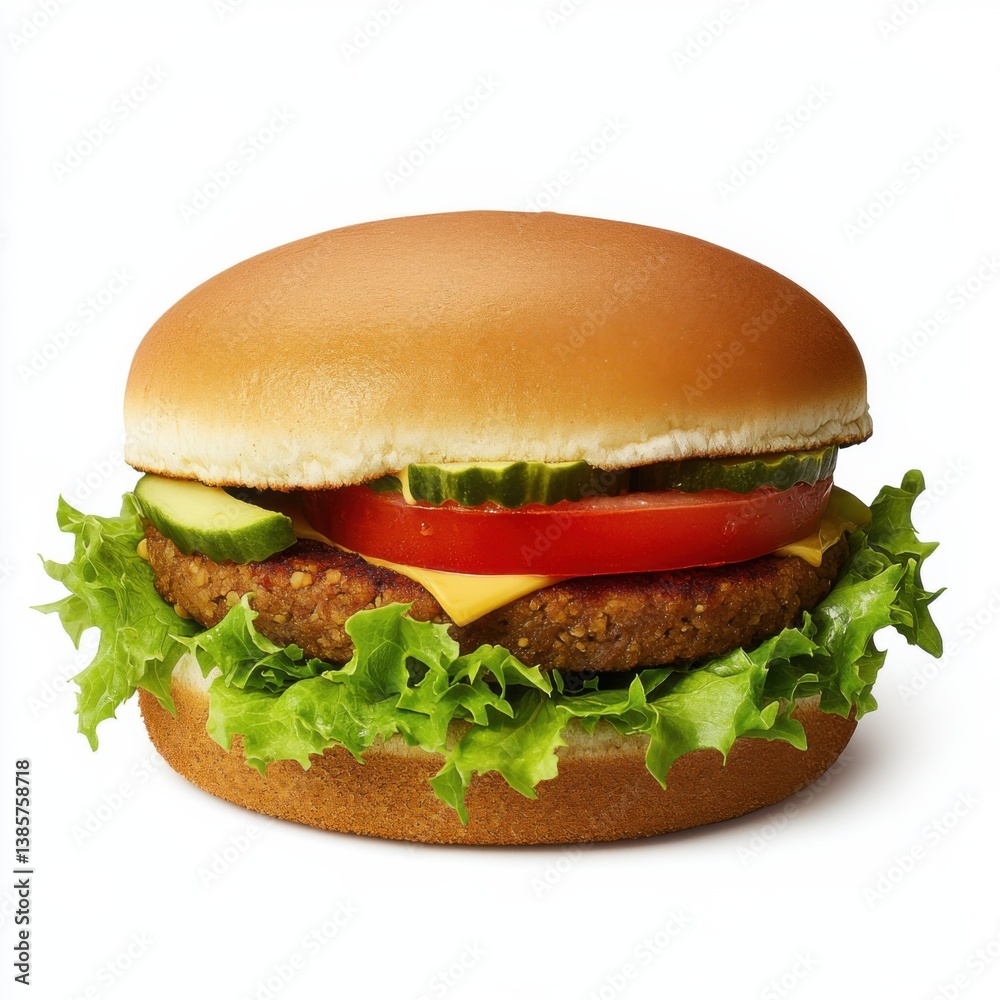 A freshly made veggie burger with lettuce, tomato, and avocado. Featuring freshness and flavor A freshly made veggie burger with lettuce, tomato, and avocado. Featuring freshness and flavor