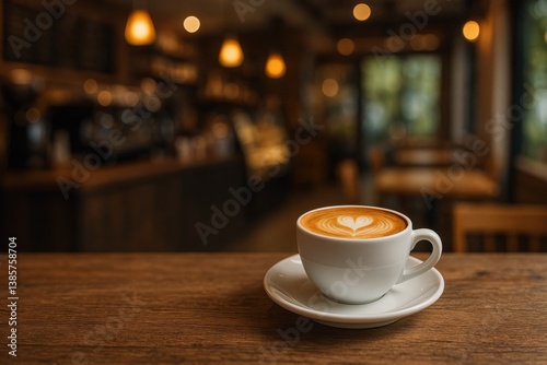 Warm Latte Art on a Wooden Table in a Cozy Coffee Shop During Afternoon Hours