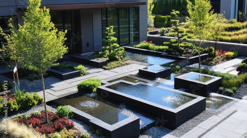 A visually striking entrance garden features layered stone terraces, sleek black water basins, and a meticulously pruned bonsai tree standing as a sculptural focal point.