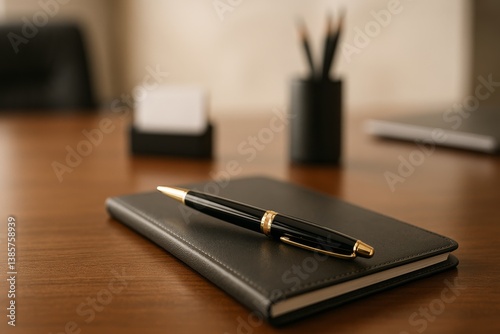 Elegant Workspace Featuring a Black Pen and Journal on a Polished Wooden Desk