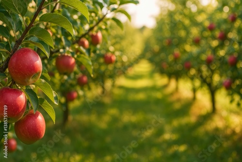 Orchard With Ripe Red Apples During Sunset in a Vibrant Green Setting