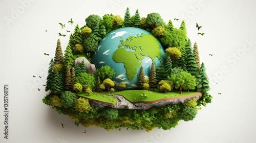 An eco-friendly earth design in papercut style, featuring trees and birds, showcasing a beautiful and sustainable concept perfect for environmental themes.

