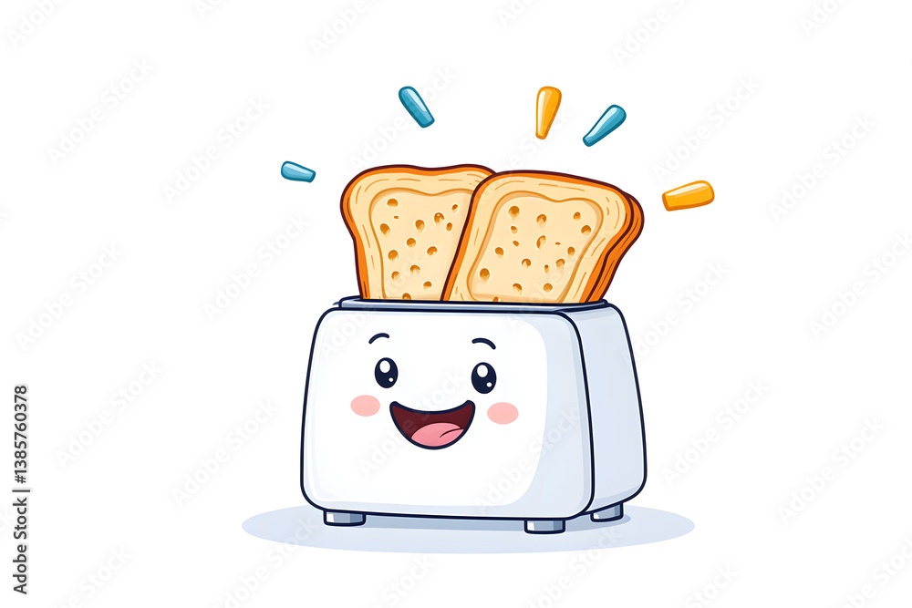 A cheerful cartoon toaster with a smiling face and two slices of toast popping up on a white background