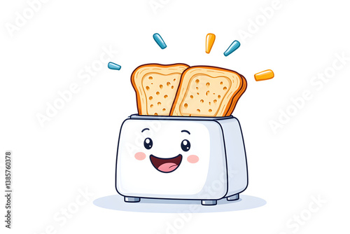 Obraz na płótnie A cheerful cartoon toaster with a smiling face and two slices of toast popping up on a white background w salonie